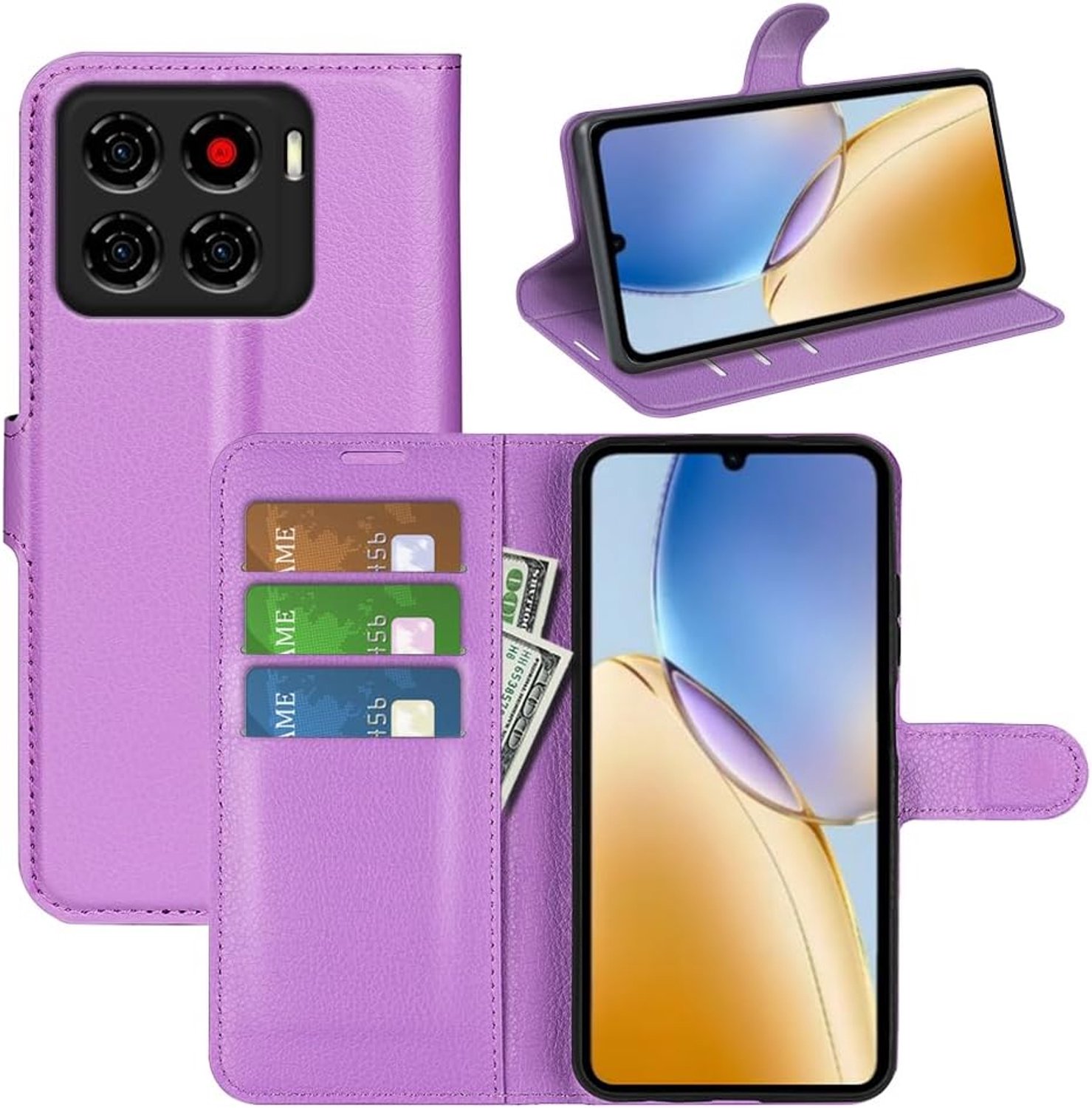 Hoesje voor ZTE Blade A56, Premium Lederen Portemonnee Flip Folio Hoesje met Siliconen Bumper [Kickstand] [Kaarthouder] [Magnetische Gesp] Bookcase Skin, Paars