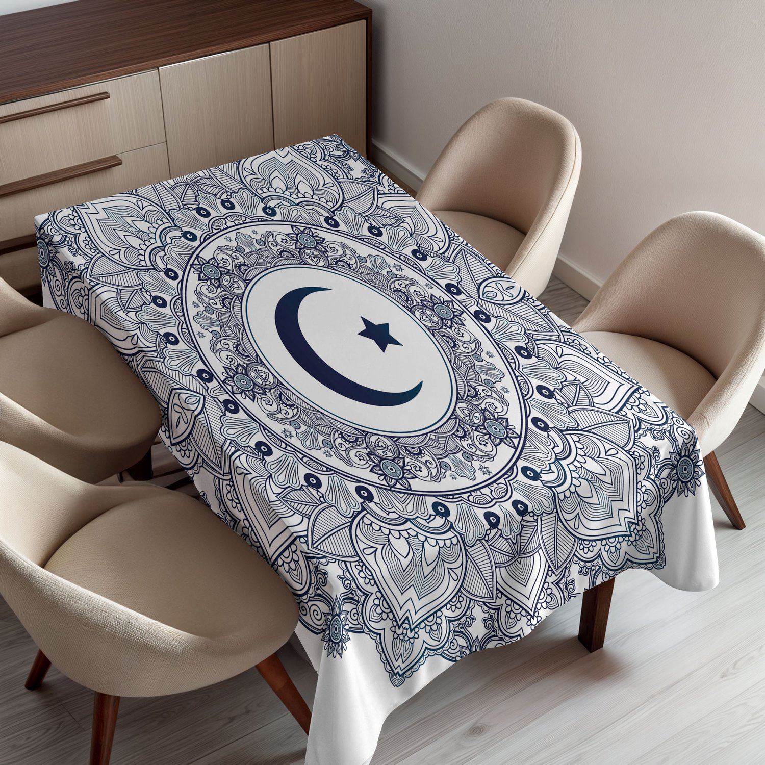 ABAKUHAUS Maan Tafelkleed, Oosters Ontwerp met Vintage Cirkelpatroon voor Viering, Rechthoekig Tafelkleed voor Eetkamer Keukendecoratie, 150 x 200 cm, Donkerblauw Wit Blauwgroen