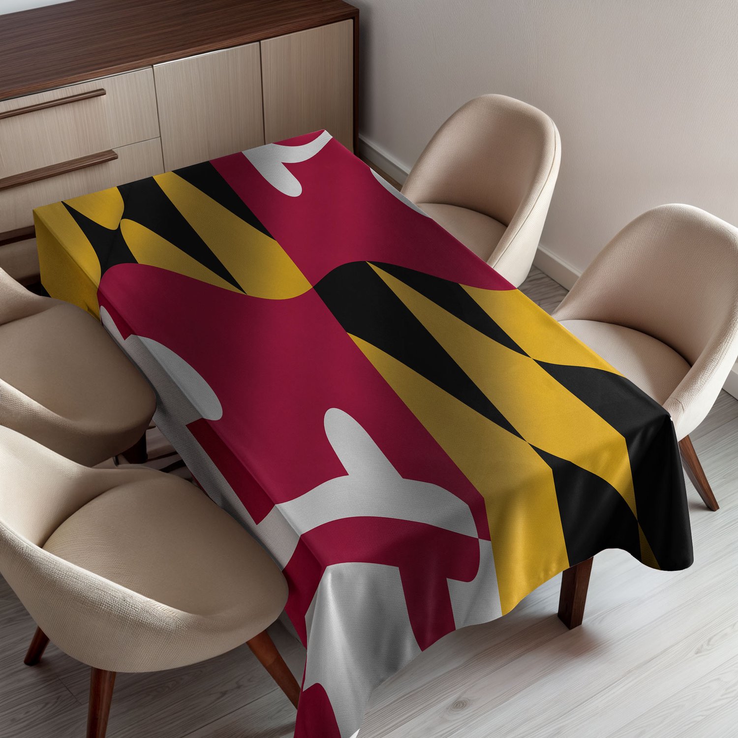 ABAKUHAUS Amerikaans Tafelkleed, Vlag van de Amerikaanse Staat Maryland in Close-up 3D-Stijl Wapperend Nationaal Motief, Rechthoekig Tafelkleed voor Eetkamer Keukendecoratie, 150 x 200 cm, Geel Koraal
