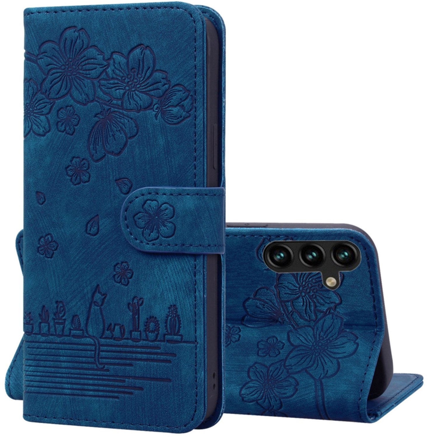 BookCover Hoes Etui geschikt voor Samsung Galaxy A16 - A17 - A18 - A26 Blauw - Bloemen Kat - Reliëf