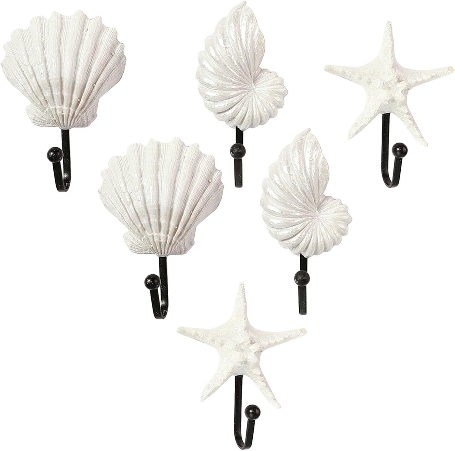 6 Stuks Delige Nautische Wandhaken met Zeeschelp Zeester Schelp Motieven Decoratieve Kusthaken voor Badkamer Slaapkamer Stevige Kledinghangers voor Sleutels Hoeden Badjassen