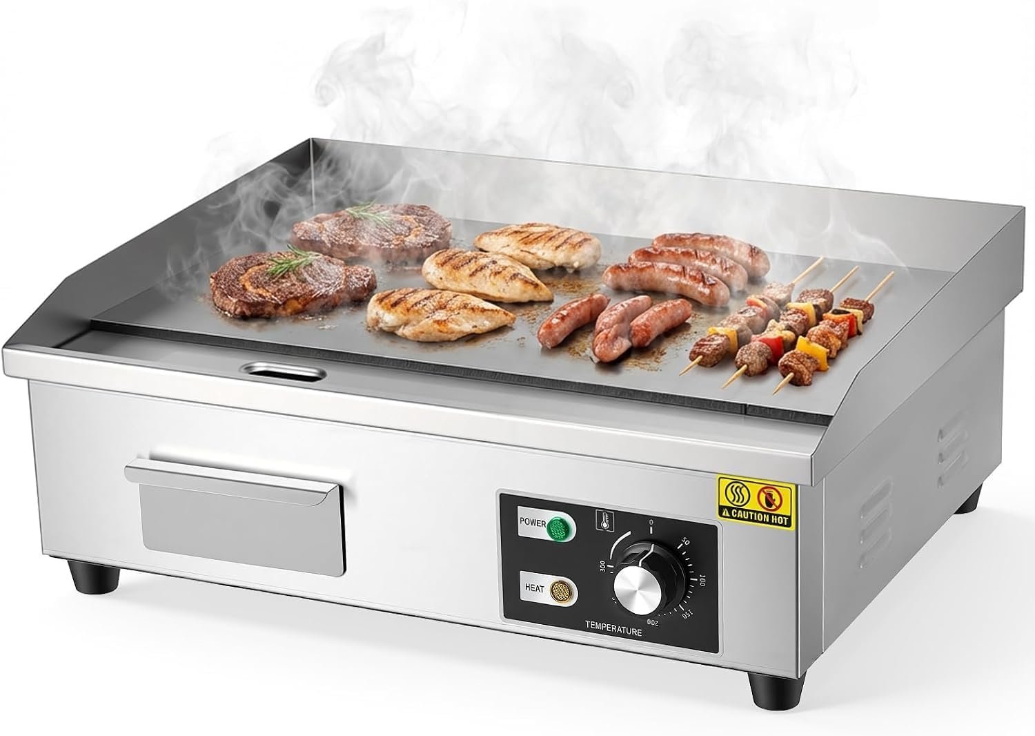 Elektrische Bakplaat, Flattop Grill met Instelbare Temperatuur 50-300°C (122-572°F), 8mm Dik RVS Anti-aanbaklaag, Olieopvangbak, voor Restaurant en Huiskeuken