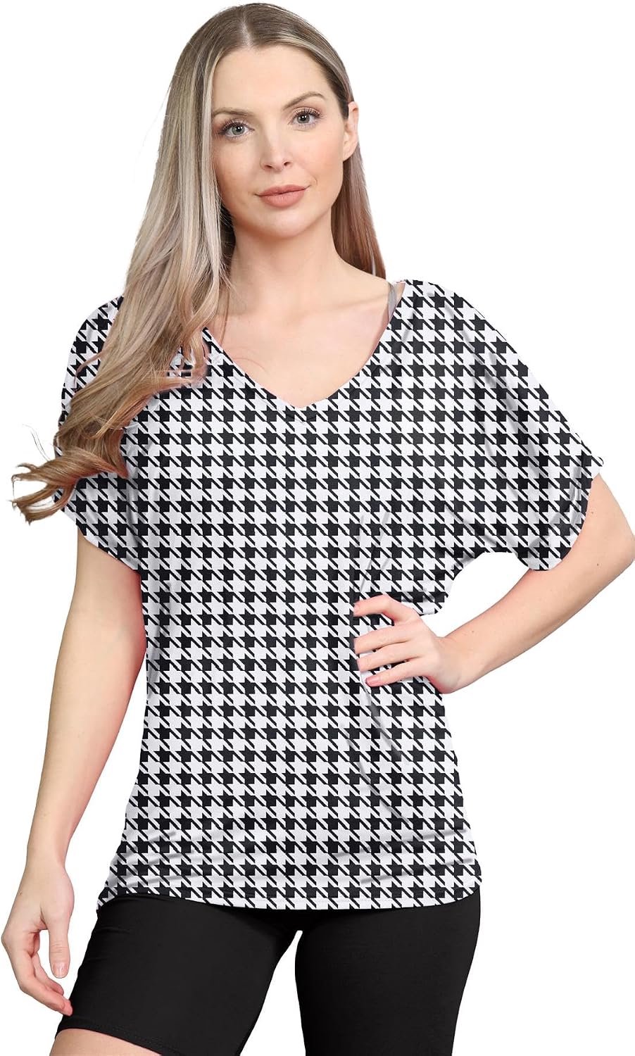 Dames Gedrukt Plain Turn Up Korte Mouw Baggy Losse Fit V-hals T-Shirt Top