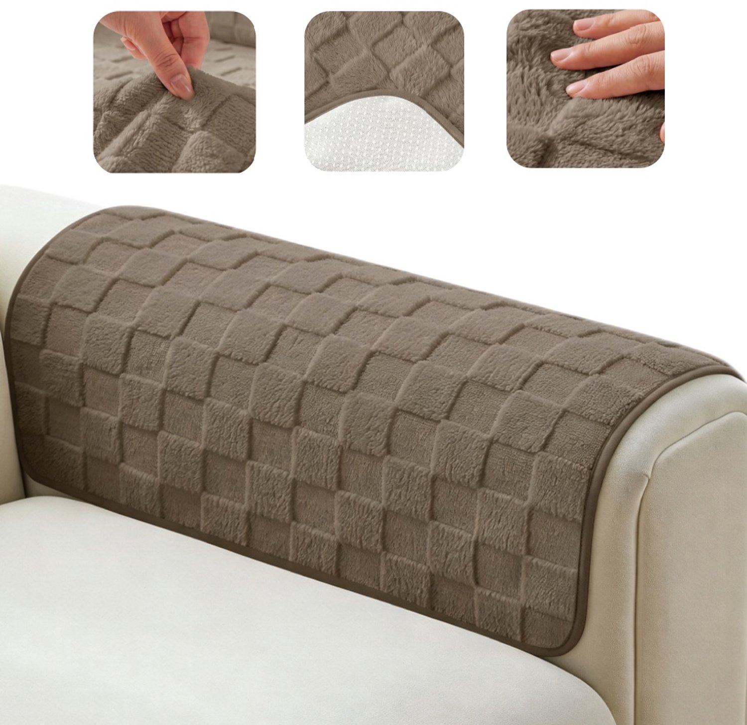 2 Stuks 51x51cm Armleuningbeschermer, Geruite Zachte Katoenfluwelen Armleuninghoes voor Bank en Fauteuil, Antislip Wasbaar, Beschermt Tegen Krassen en Vlekken - Bruin