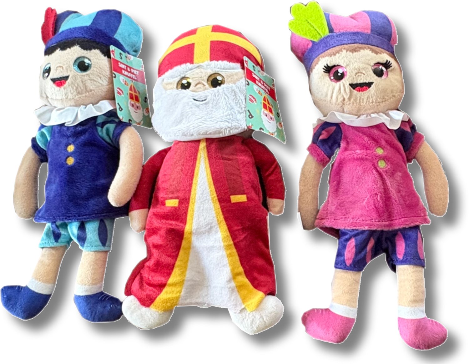 Knuffelset Sint met een roze en blauwe Piet - Schoencadeautje-Sinterklaas-Knuffel-Pluche