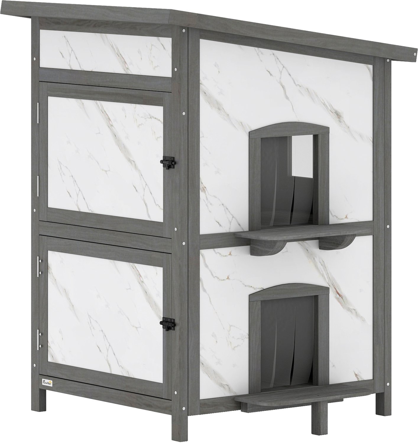 Pawona Verhoogd kattenhuis - Dubbeldeks - Met isolatie en waterdicht dak - 60 x 60 x 88 cm - Grijs/Wit