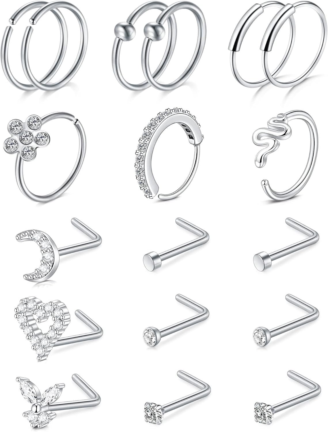 Neuspiercing set zilver goud 20G neusring neussteker