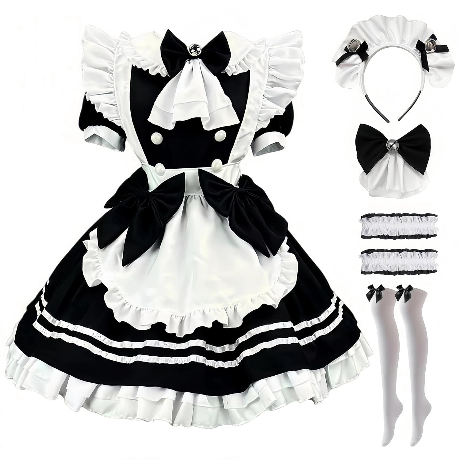 Maid Dress Anime French Maid Outfit met schort, hoofddeksel, strikken, sokken, dames, anime, cosplay, Halloween, carnaval