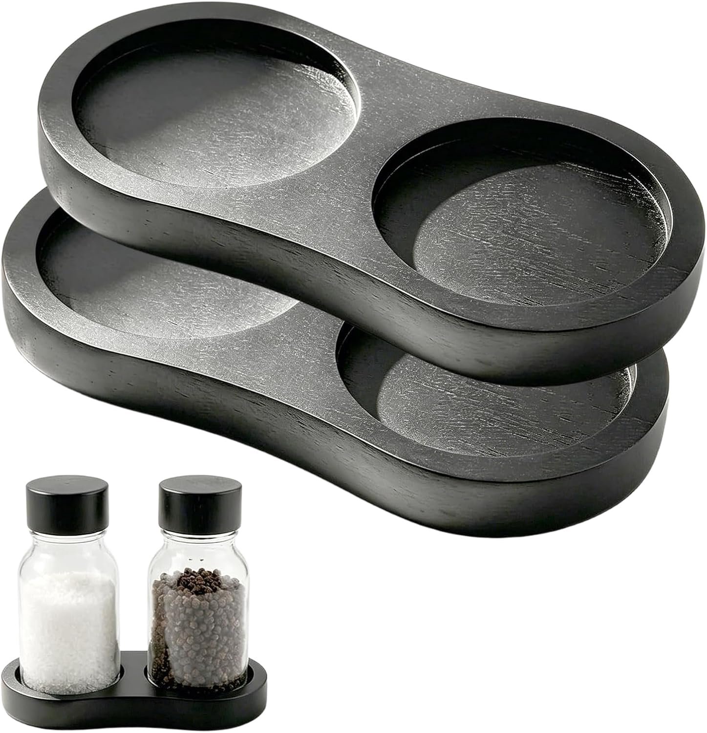 Set van 2 molenonderzetters van rubberhout, zwart, 15 x 7,5 cm, dienblad voor zout- en pepermolen, geschikt voor de meeste kruidenmolens en strooiers, molenaccessoires voor schone