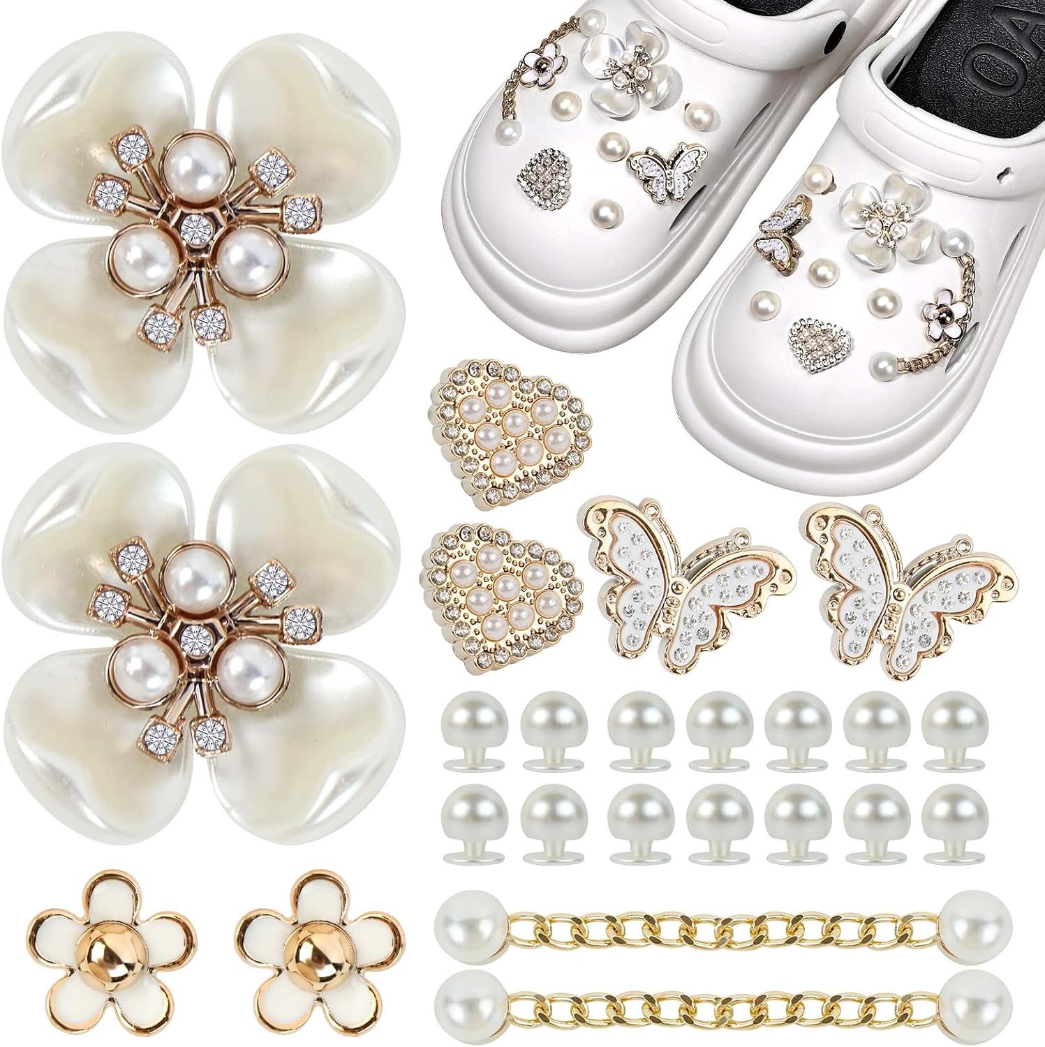 Set van 24 Glitter Schoen Charms - Verwijderbare PVC Accessoires voor Kinderen, Meisjes en Vrouwen met Bloemen, Parels en Vlinders