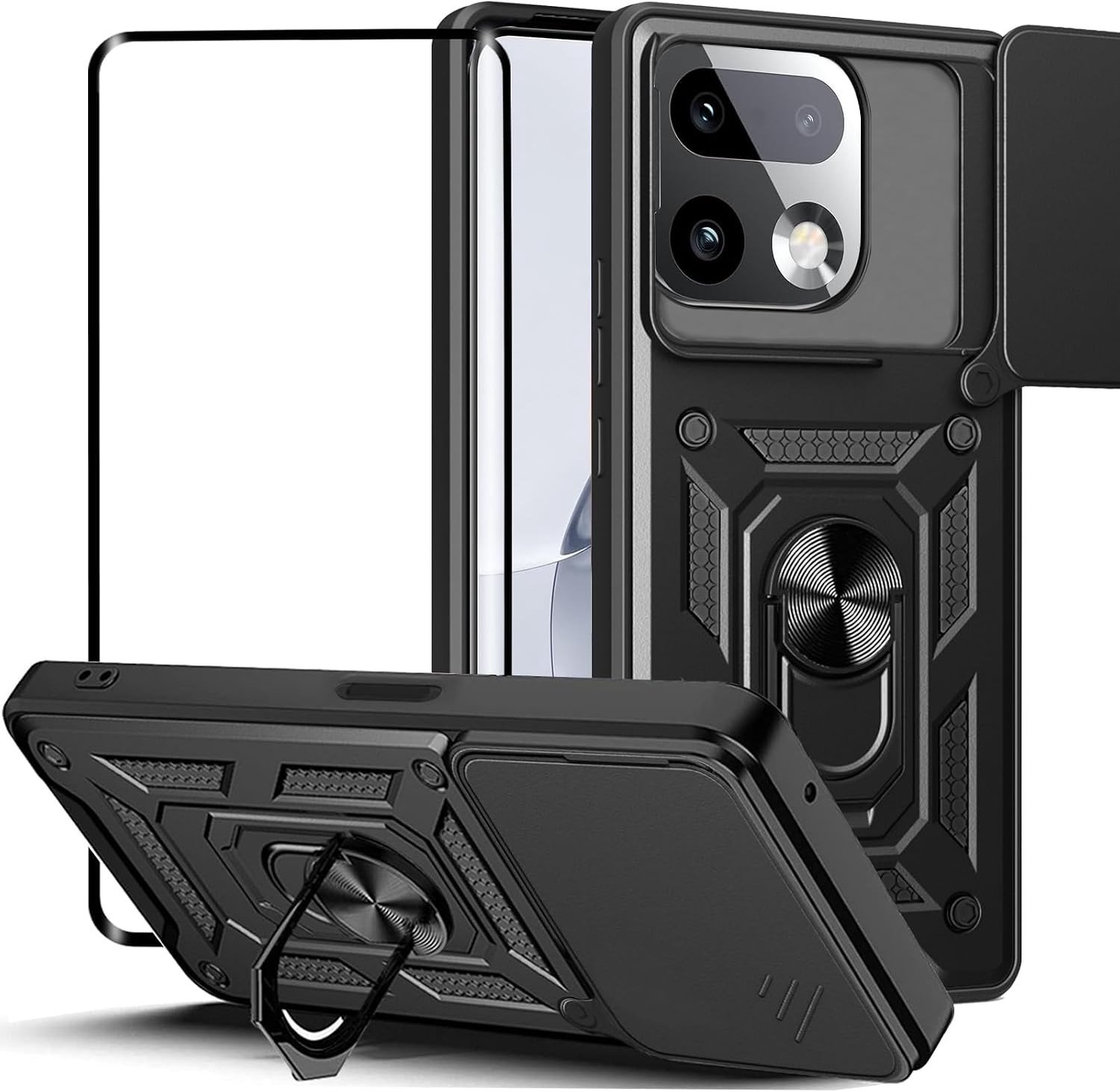 Case voor Realme 16 Pro Plus 5G met Schuiflensdeksel, Draaibare Kickstand en Tempered Glass - Schokbestendige Hard Shell Cover in Zwart