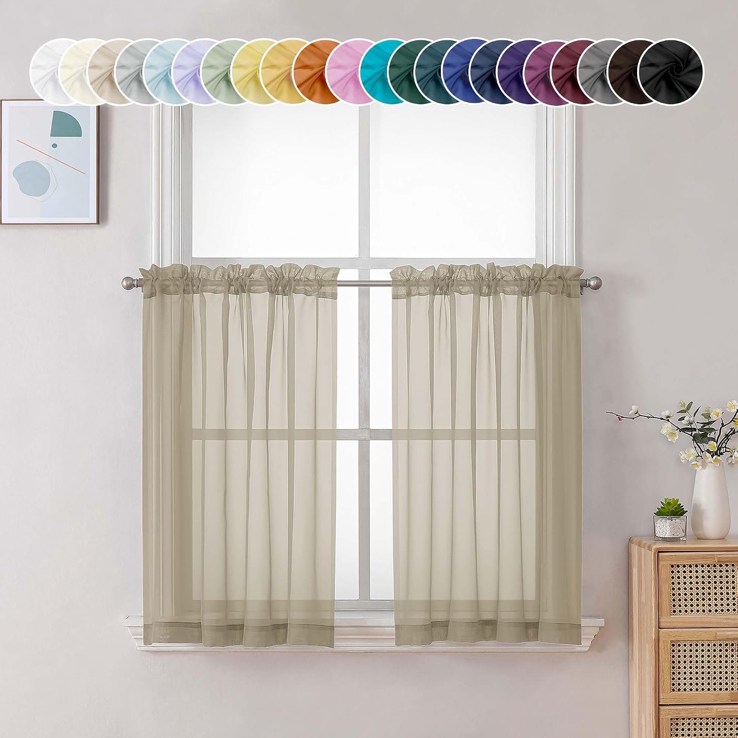 Doorschijnende gordijnen 91 cm lengte 2 panelen, lichtfilterende voile roedezak, korte raamgordijnen voor badkamer woonkamer, boerderij kleine ramen, 100 x 96 cm (l x b x h)