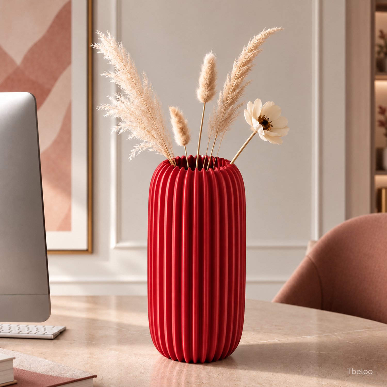 Tbeloo Decoratieve Vaas – Moderne Geribbelde Bloemenvaas – 3D Geprint – Candy Red – 15 x 7,5 cm