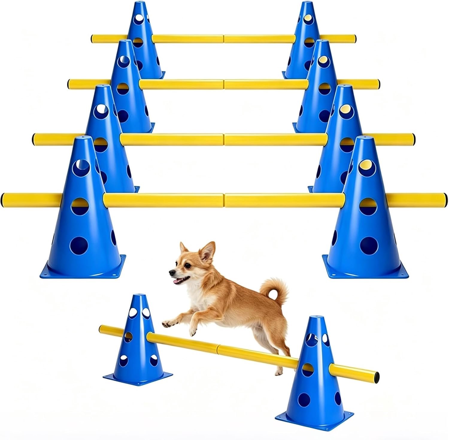 4 stuks steekhindertenset voor grote honden, hondenparcours kegel plastic agility set honden klein indoor verstelbare trainingsobstakels met 8 kegels 23 cm en 4 stangen 100 cm voor pylonen