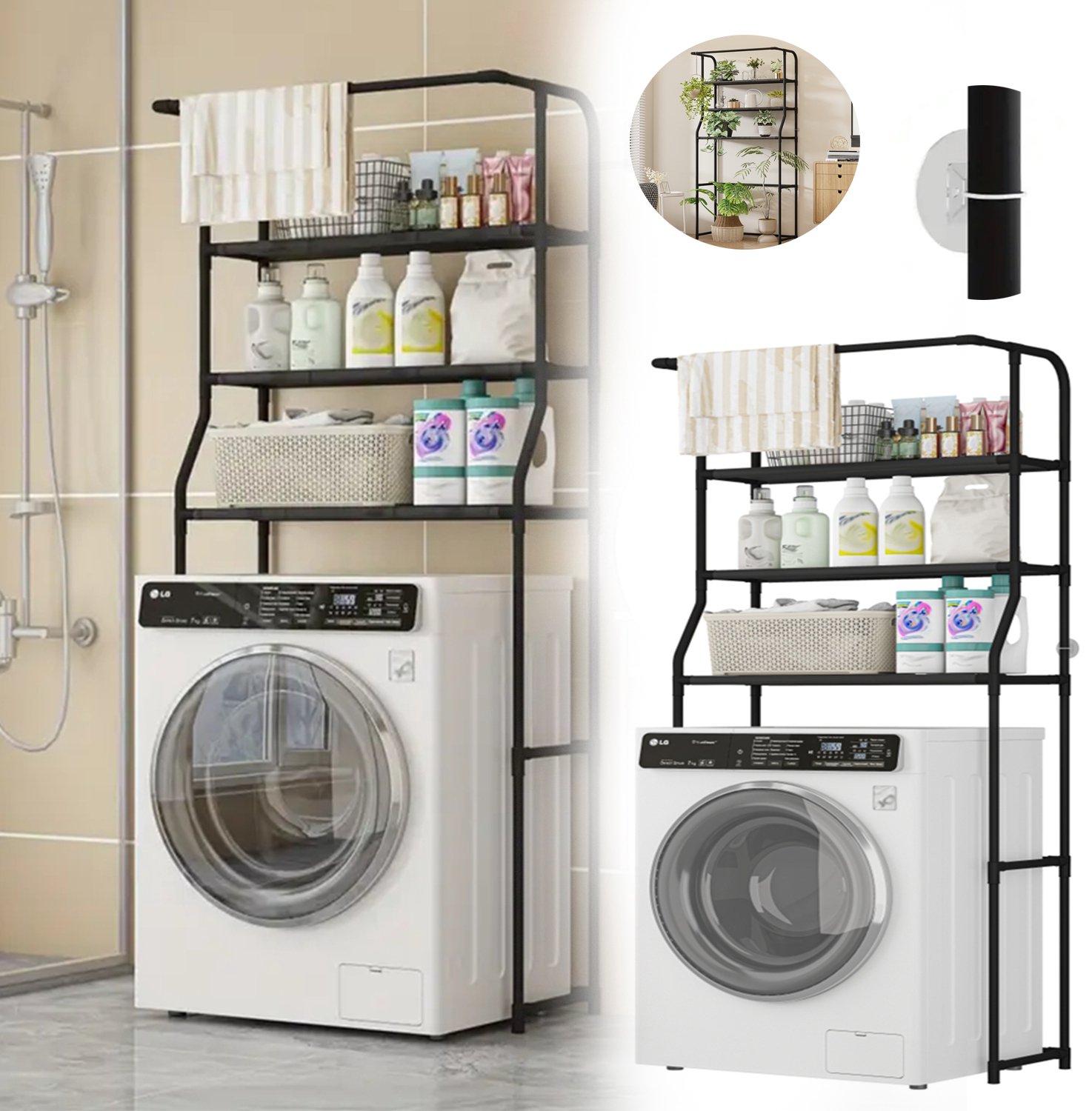 Smal Wasmachine Rek Met 3 Niveaus, Ruimtebesparend Handdoekenrek Voor De Badkamer, 3 Open Planken, Stevig Metalen Frame.