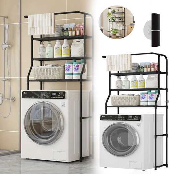 Étagère de rangement noire en métal à trois niveaux, installée au-dessus d'un lave-linge blanc dans une salle de bain.