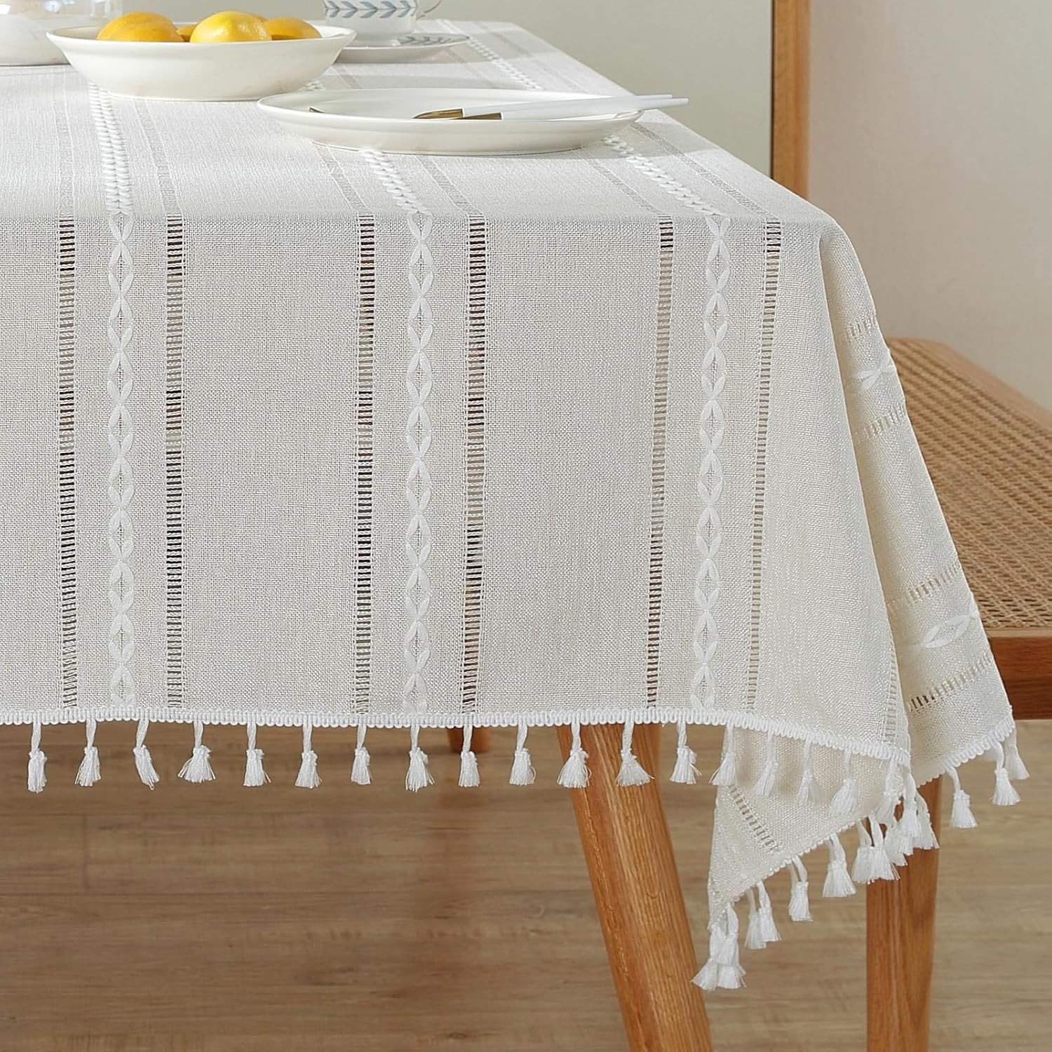 Bohemian Tafelkleed voor Keuken Decoratie, 90x90cm, Macramé Tafelkleed met Kwastjes, Linnen Tafelkleed voor Eettafel en Tafelblad, Gestreept en Ademend Design