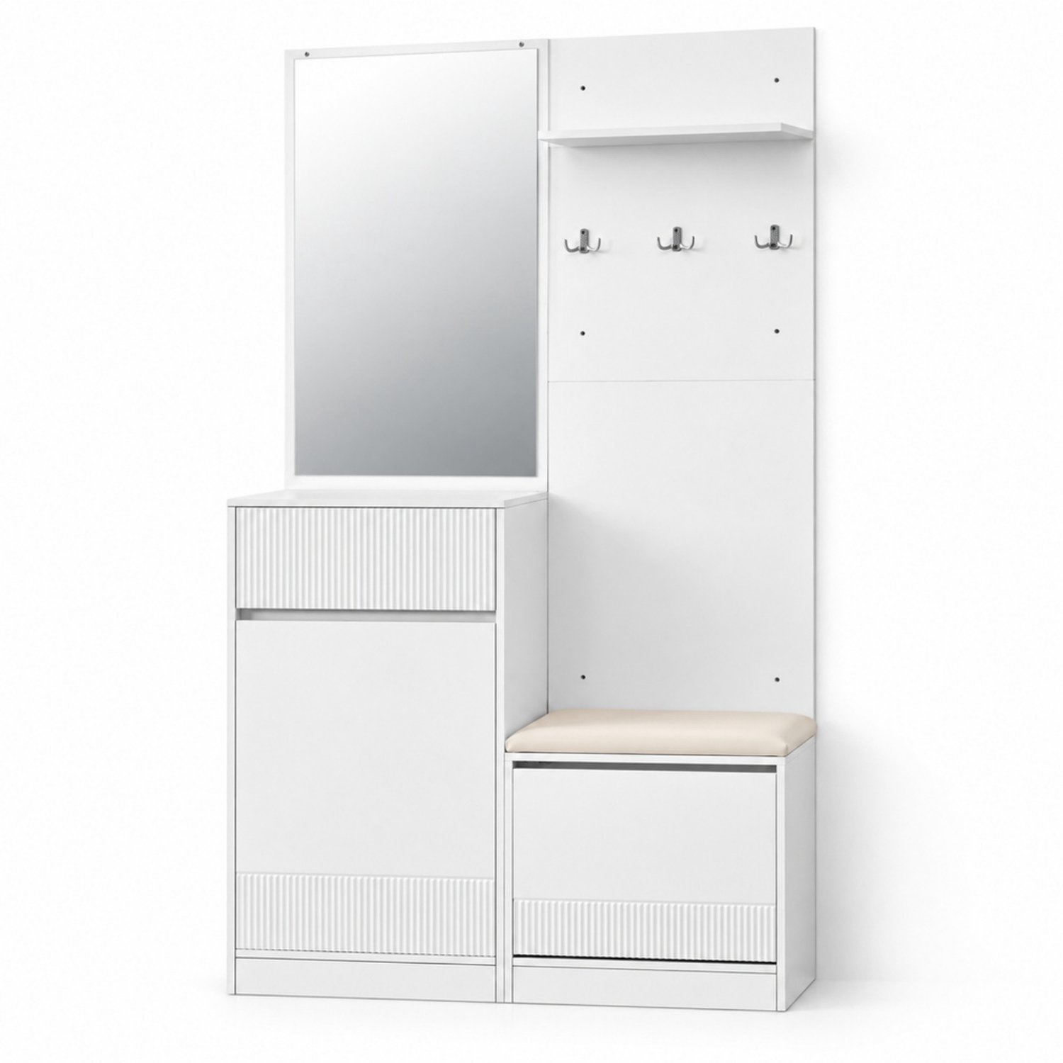 LONG DRAGON - Schoenenkast met spiegel en zitbank - LED-garderobe - Wit - 105 x 38 x 190 cm