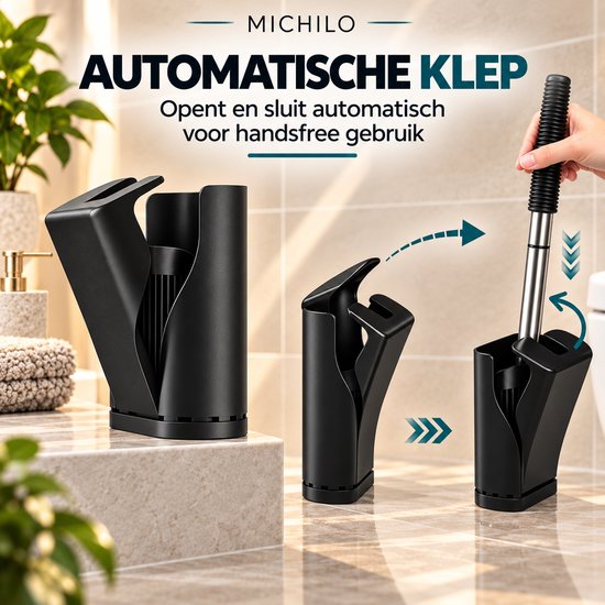 Zwarte automatische toiletborstelhouder die automatisch opent en sluit, getoond in 3 stappen. Links gesloten, midden half open, rechts open.