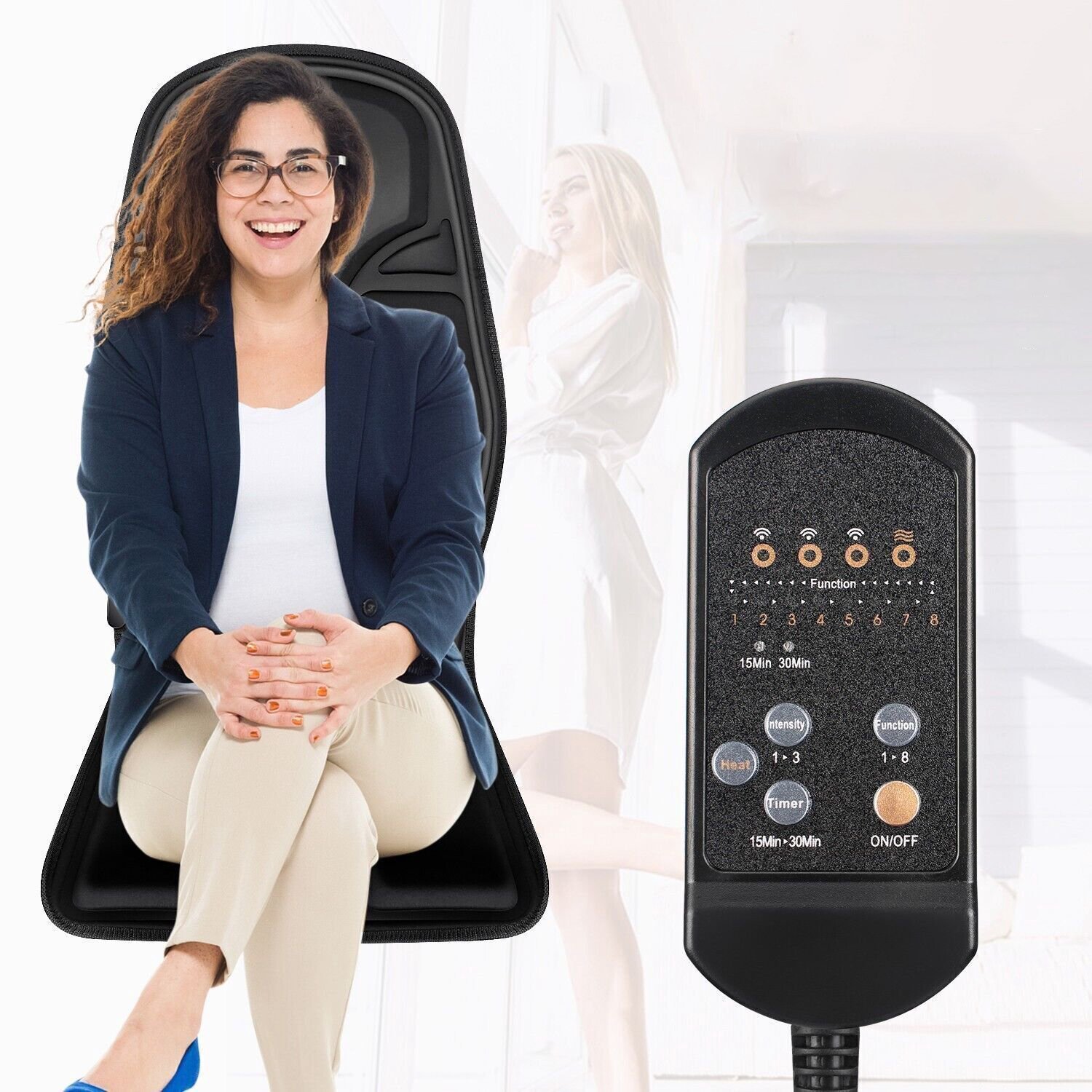 Elektrisch Massagekussen voor Auto en Stoel - Vibratiemassage - 7 Motoren - 8 Standen - 3 Intensiteitsniveaus - Warmtefunctie - Timer 15/30 Min - Voor Rug, Onderrug, Heupen en Bovenbenen – foto 5