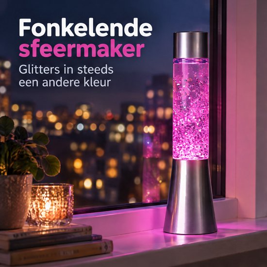 Cheqo® Glitterlamp op Batterijen - Lavalamp met Glitters - Kleurveranderend - Multicolor LED - Nachtlampje voor Kinderkamer en Slaapkamer - Sfeerlamp - Tafellamp - Kinderlamp voor Jongens en Meisjes - Zilver - Moodlight - Snoezellamp — afbeelding 2