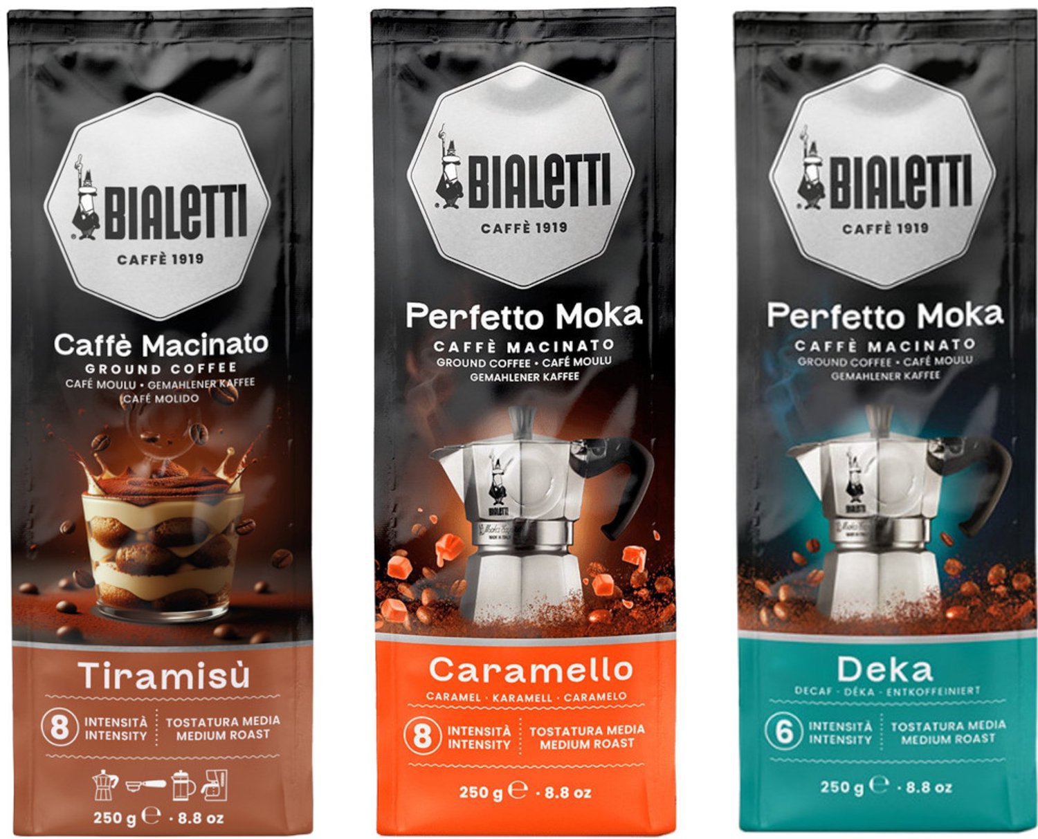 Bialetti Perfetto Moka Tiramisu Caramello Deka - Mixverpakking - Gemalen Koffie - 750g (3x250g)