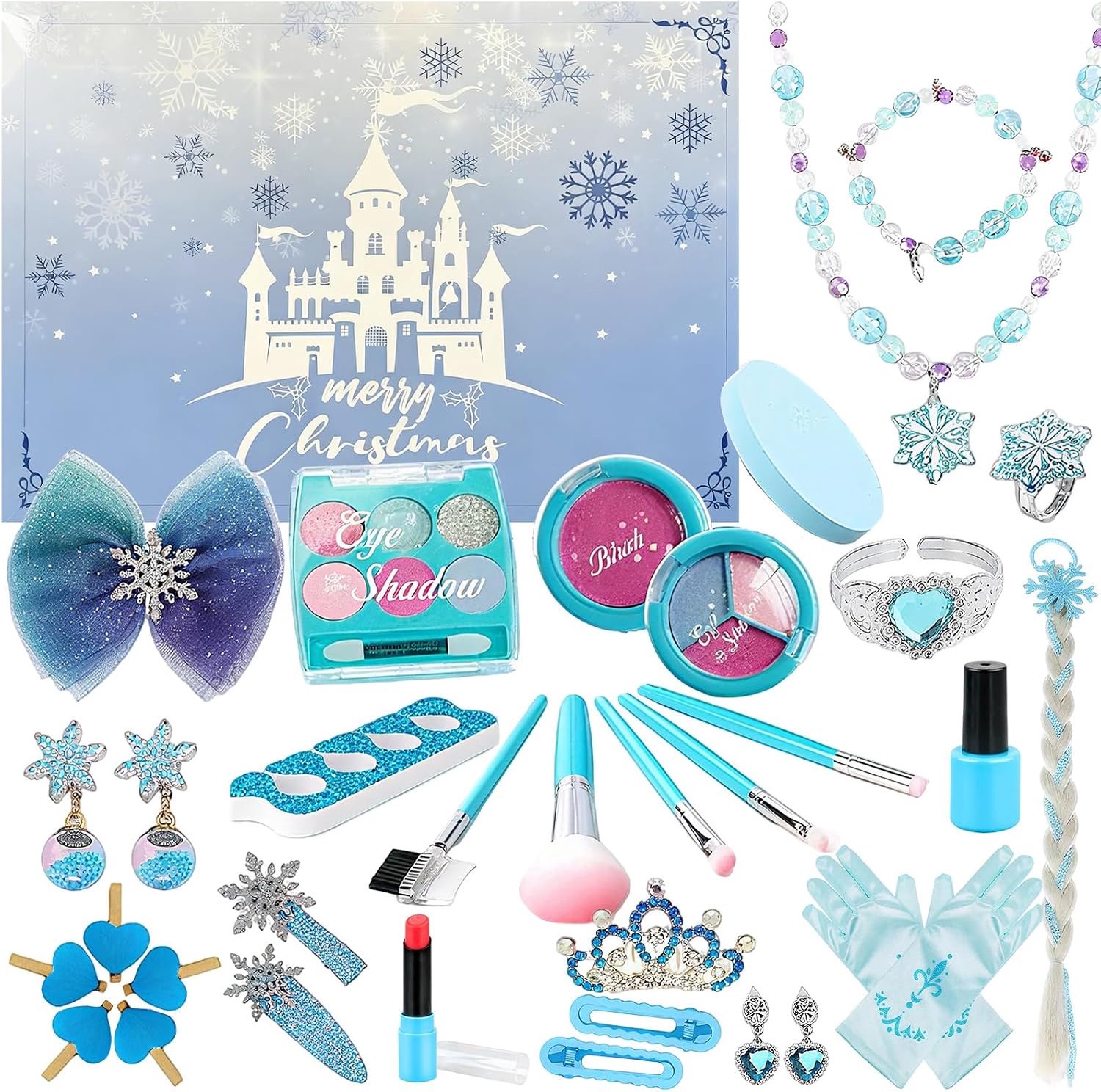 adventskalender voor meisjes 2025, 24 dagen aftellen tot Kerstmis met sieraden, vlechten en hoofdtooi in ijsblauw, dagelijkse verrassingen voor kinderen & cadeau-idee voor kleine