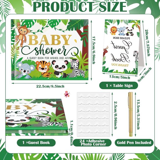 27 stuks jungle safari babyshower gastenboek set babyshower login gast bos babyshower boek plaats tafelkaarten met gouden pen zelfklevende fotohoek voor verjaardag babyshower, 100 pagina's — afbeelding 4