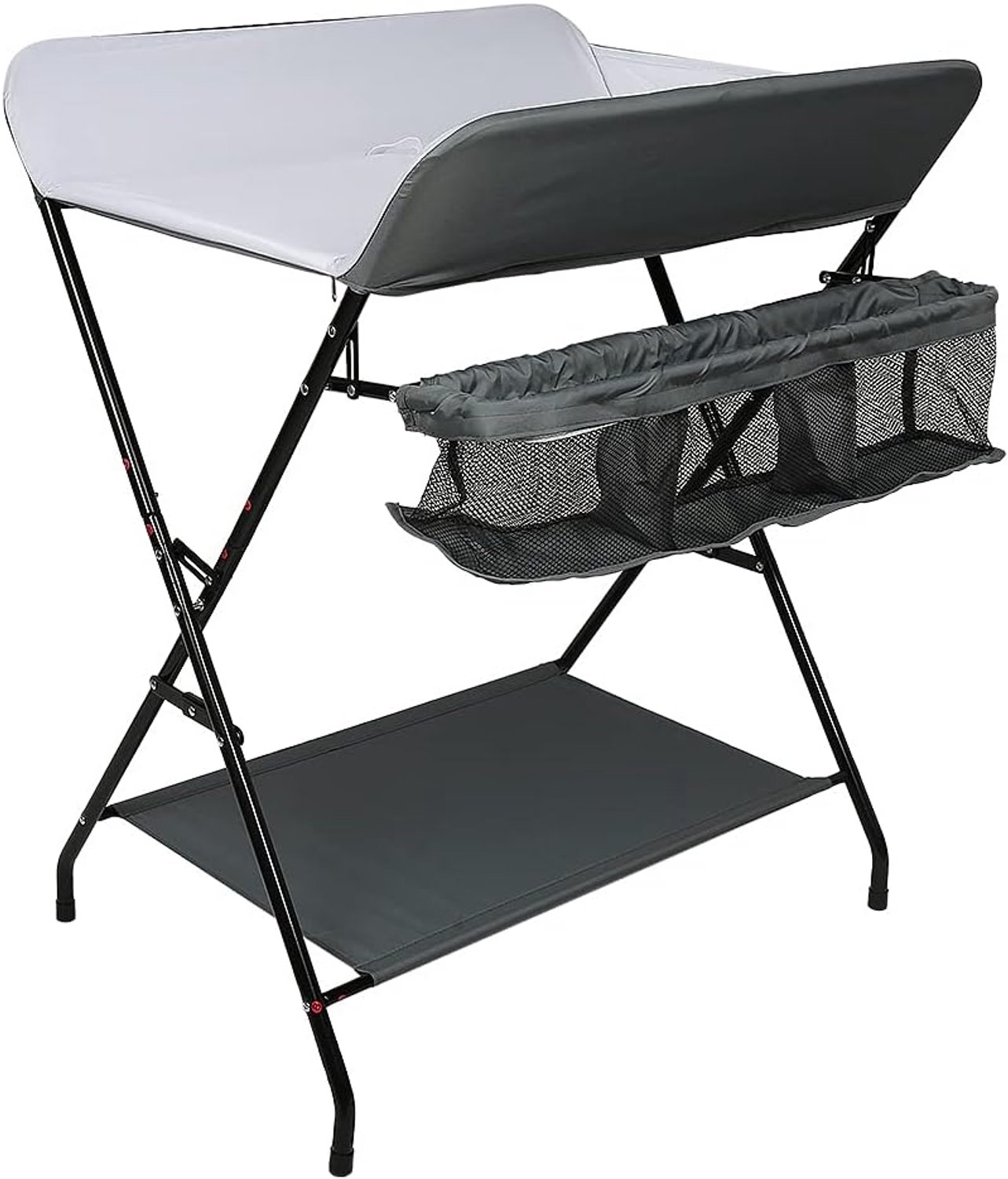 Opvouwbaar, in hoogte verstelbaar, met wieltjes, opbergmand, metalen frame, Oxford-stof, assistent voor babyverzorging, 79 x 55,5 x 96 cm, grijs/wit