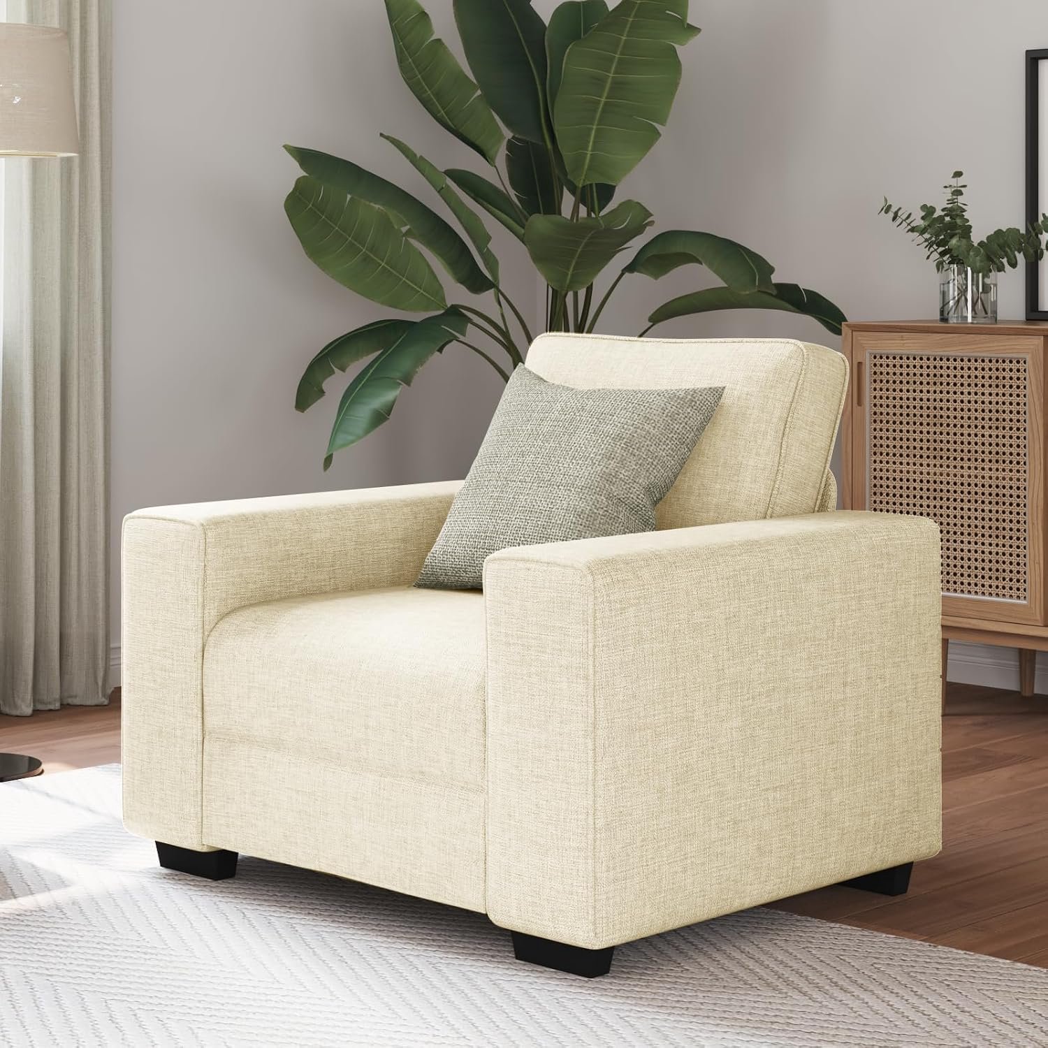 Sofa met kussen in beige, moderne sofa-liner: minimalistisch design en brede armleuningen voor woonkamer, 100 x 77 x 82 cm, linnen