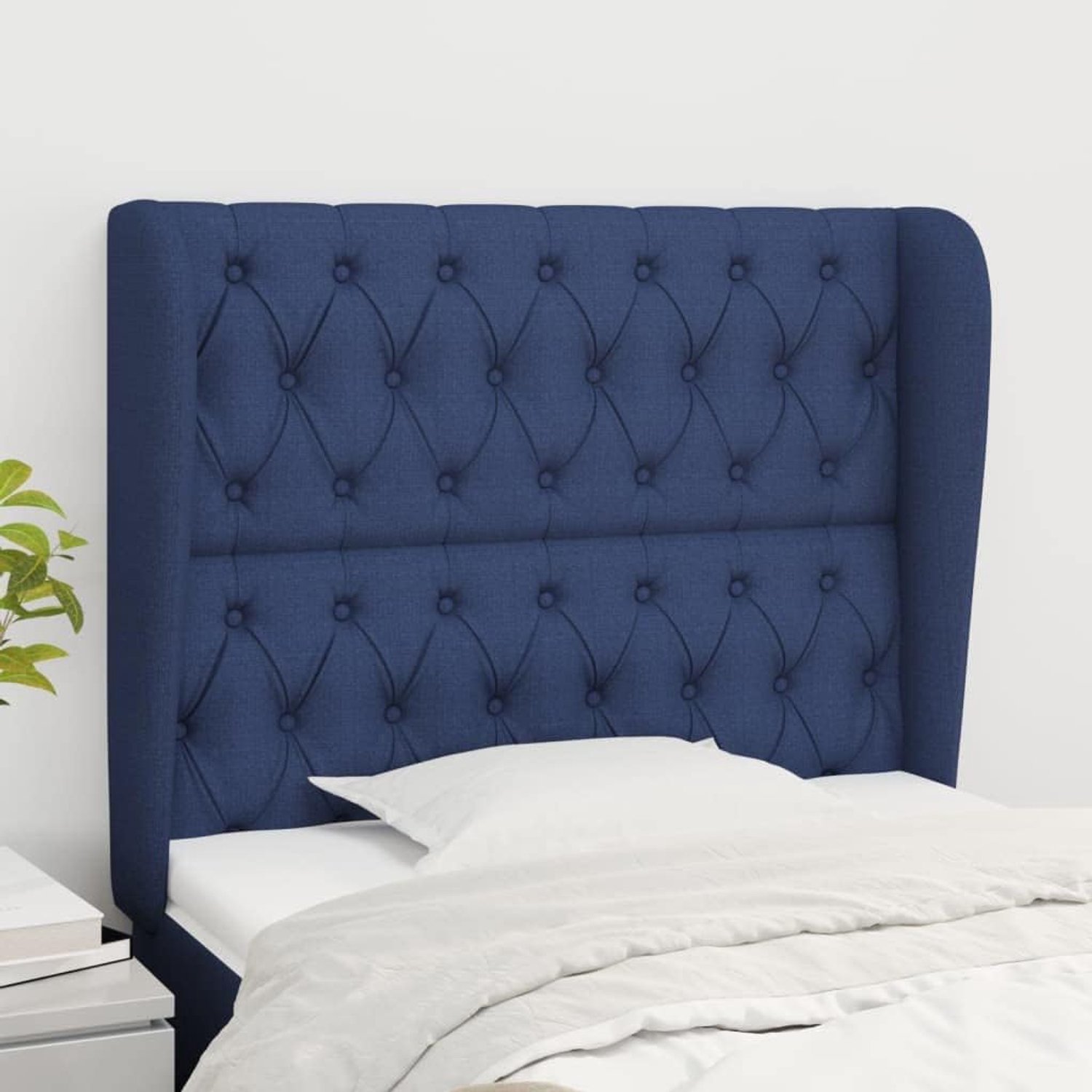 Hoofdeinde met oren, blauw, 103 x 23 x 118/128 cm, stoffen hoofdeinde voor de slaapkamer, hotel, hoofdeinde, werkkamer, voor slaapkamer, tweede slaapkamer, hotel