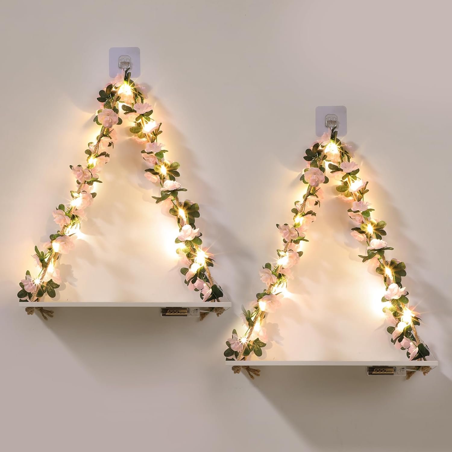 Zwevende planken plantenmuurdecoratie, bloemenmuurdecoratie, zonder boren, decoratieve bladeren en lichtstrip, set van 2 plantenwanddecoraties voor slaapkamer, Pasen voor het
