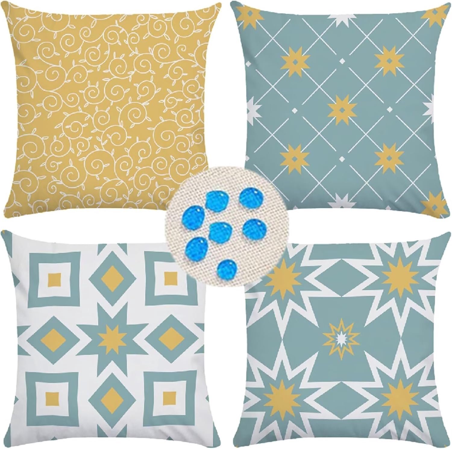 Kussenslopen Waterdichte Set van 4 Blauw Geel Geometrisch, Vierkant Dubbelzijdig Linnen Materiaal, Met onzichtbare rits, Kussens voor Patio Balkon Bank Boerderij Tuin Decoratief 55cm x 55cm