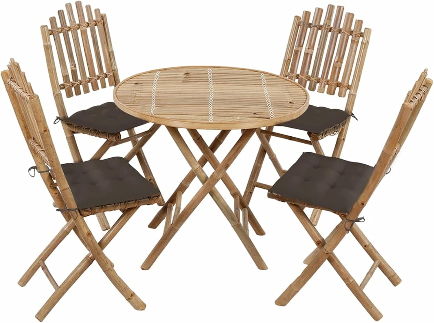 Inklapbaar, 5-delig, stoelen en tafels, tuinmeubelen, voor tuin, balkon, terras, bamboe, met kussen in taupe