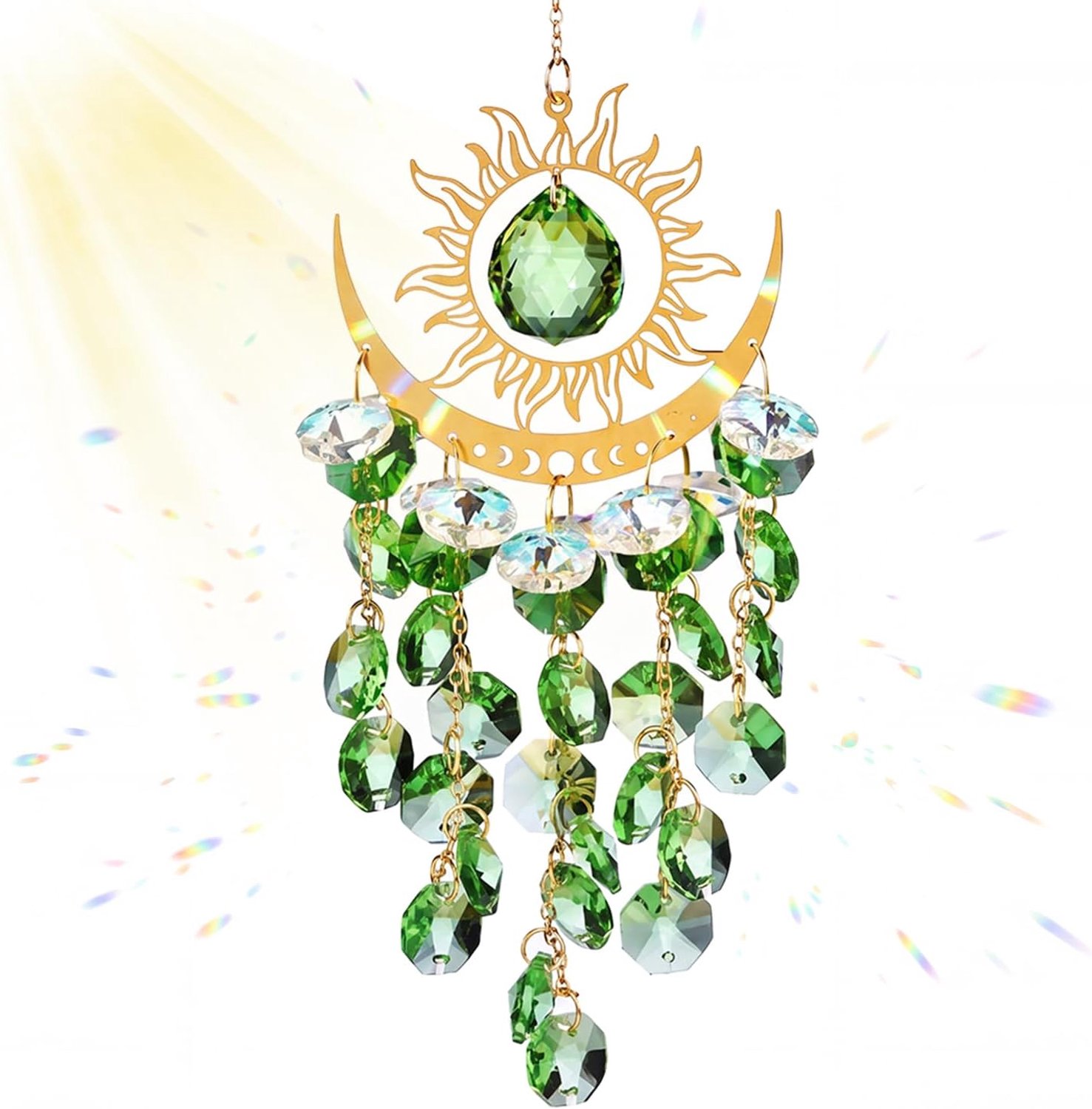 Suncatchers 38cm lengte Sun Moon Wind Chime, hangende prisma regenboogmaker, tuinzon vangers met kristallen, hangend ornament verrassen voor tuin achtertuin (D)