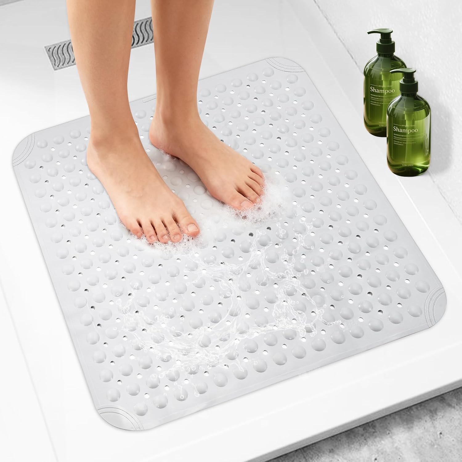 Douchemat, antislip, 80 x 80 cm, met afvoergaten en zuignappen, antislipmat, douchemat, vloermat, zuignap, massage, sauna's, oudere mensen, doucheruimtes (grijs)