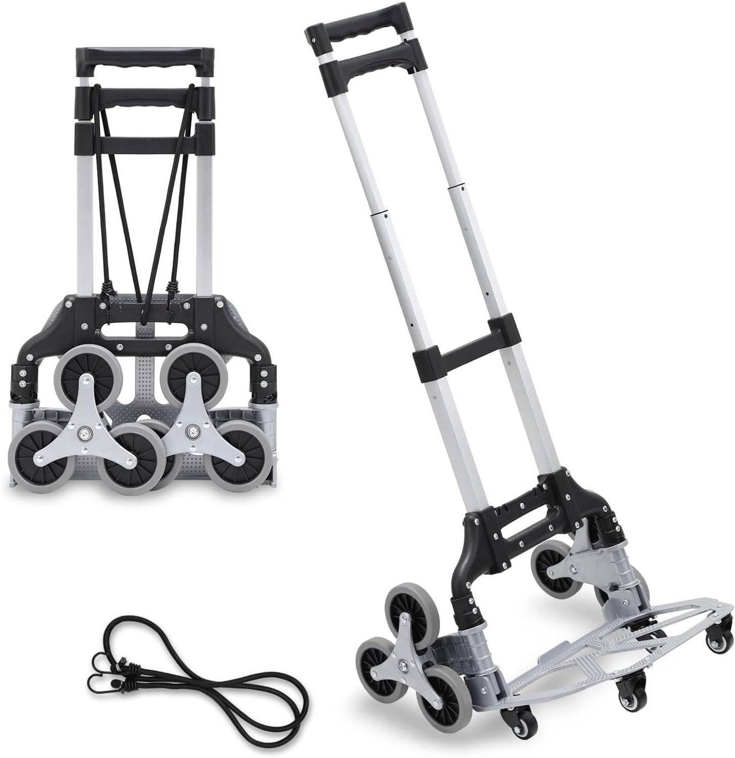 Steekwagen trapklimmer trapsteekwagen inklapbaar, trapwagen voor trappen met sterwielen, in hoogte verstelbare handgreep, anti-slip laadvlak, 4 draaibare wielen, aluminium handkar