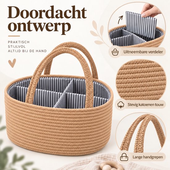 Luiermand voor Commode – Baby Organizer met Uitneembare Vakken – Commodemandje met Handvatten – 36 x 22 x 18 cm – Opbergmand voor Luiers, Doekjes & Babyverzorging – Bruin — afbeelding 2