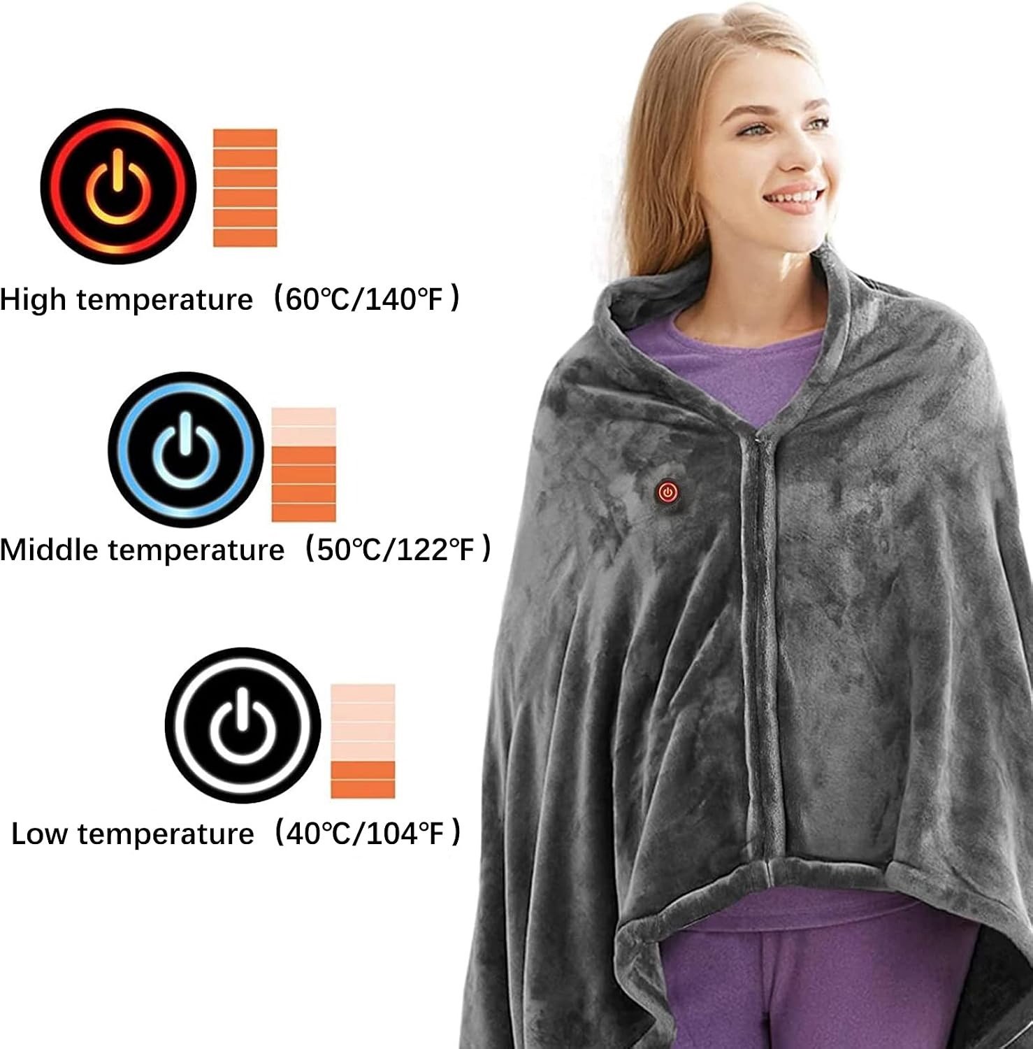 Verwarmde Hoodie Deken - Fleece Deken Hoodie 150x80cm - Blanket Hoodie met 3 Standen - Warmtedeken 1 Persoons - Warmte Poncho - Hitte Deken – foto 8