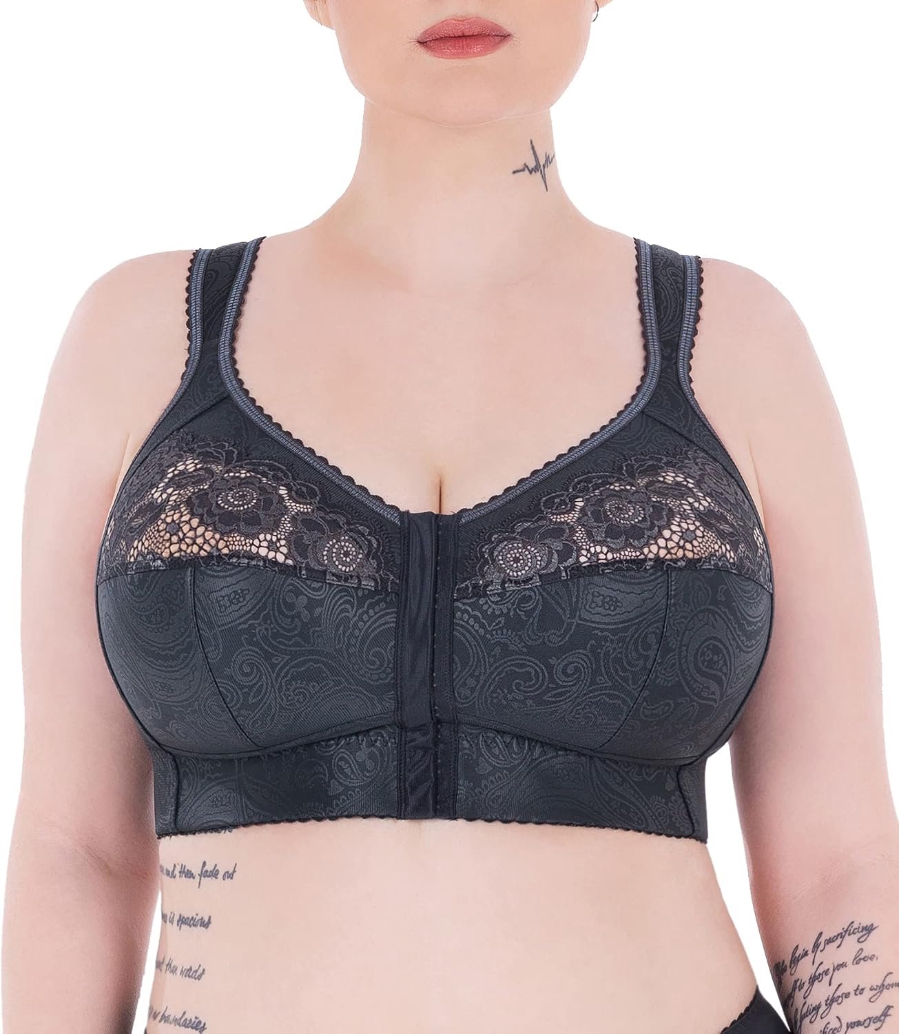 Full Cup, Soft Minimizer, zonder beugel, met voorsluiting, met kant, grote maten, brede bandjes, katoen gelamineerd, zachte, stabiele ondersteuning, grote borsten, comfortabel, grafietgrijs, 75G