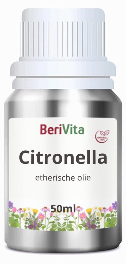 Metalen flesje BeriVita Citronella etherische olie, 50ml, met een wit etiket met kleurrijke bloemenillustraties.