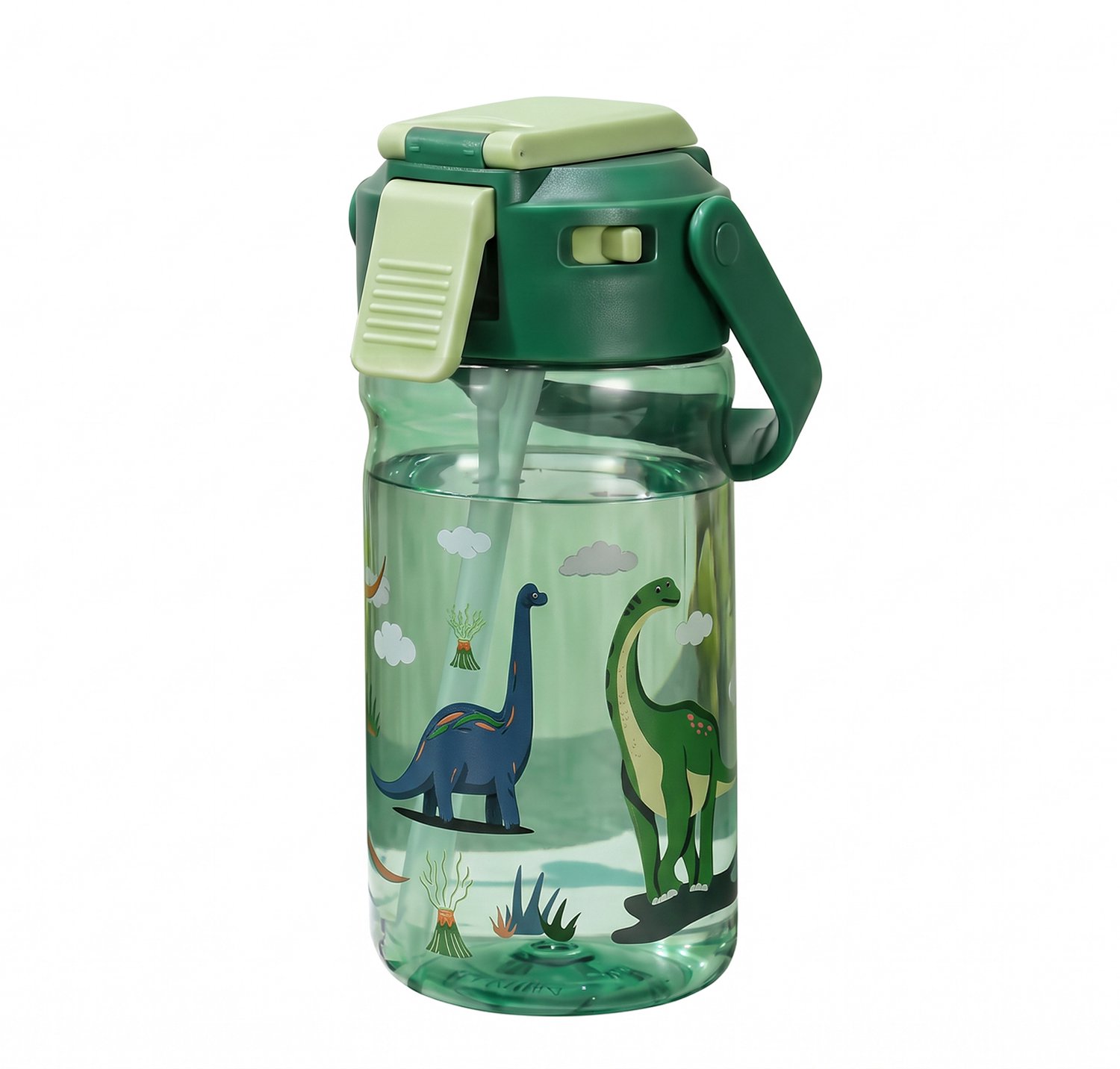 Kinder Drinkfles met Sprayfunctie 650 ml - Drinkbeker met Rietje en Siliconen Drinktuit - Waterfles met Dino Print voor Jongens en Meisjes - Eénknops Verneveling - Lekdicht en Draagbaar - Voor School - Sport en Zomerse Verkoeling - Groente