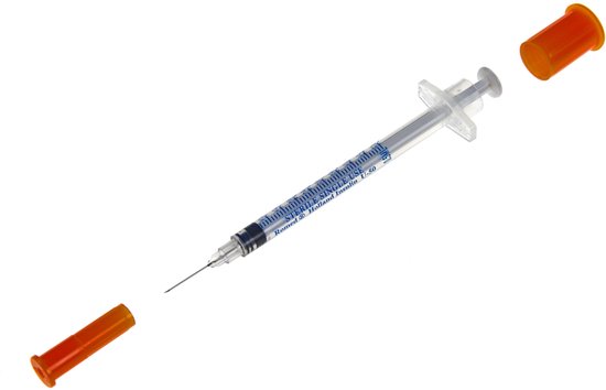 Romed Holland 0,5 ml insulinespuit met naald, inclusief twee losse oranje beschermdoppen.