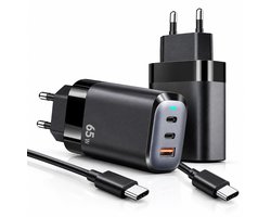 Mexhive® 65W GaN Snellader – USB-C Oplader met 3 Poorten – 2x USB-C + USB-A – Power Delivery PD 3.0 – Inclusief 1m USB-C Kabel – Voor Laptop, iPhone, Samsung & Tablet – Zwart