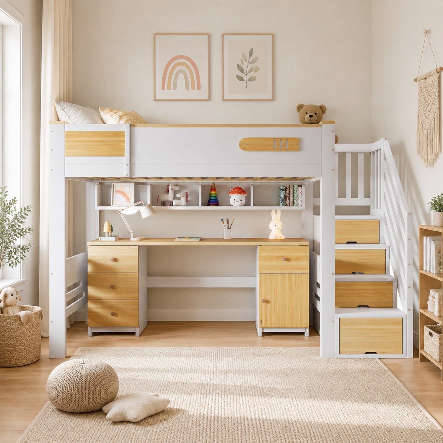 WUVRIE Hoogslaper 90x200 cm - Met bureau, lades, hangrek en opbergtrap - Wit/naturel