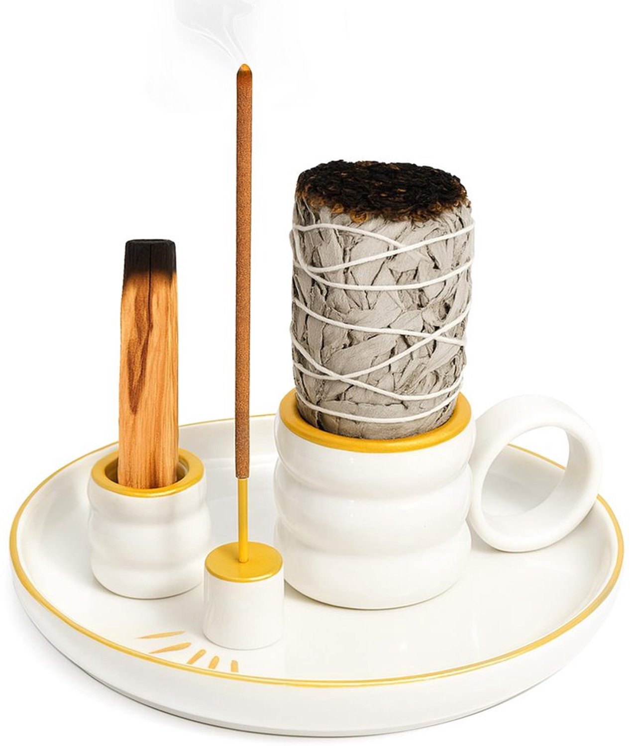 Wierookbrander met handvat - Keramische Wierookhouder - 4-in-1 Ontwerp - 5,9 Inch Asvanger - Zendecor voor Meditatie - Geschikt voor Salie en Palo Santo - Rookbrander