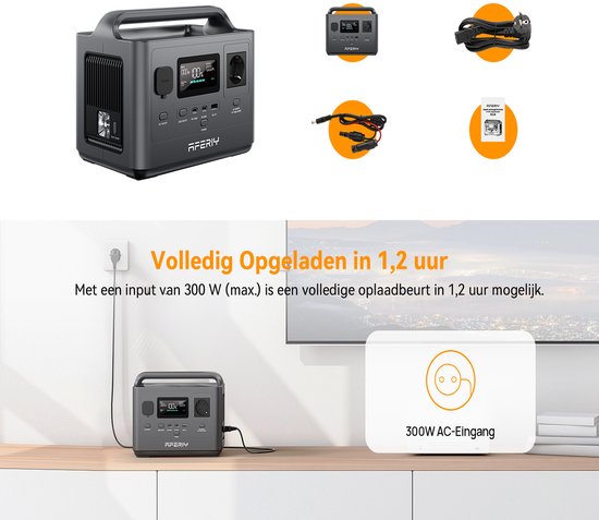 Aferiy powerstation met meegeleverde accessoires, getoond tijdens het opladen via een stopcontact in 1,2 uur.