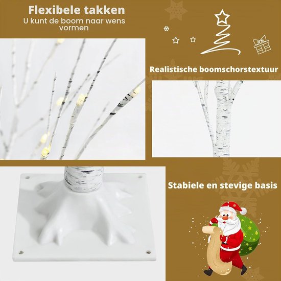 Details van de flexibele takken, realistische schorsstructuur en stabiele basis van de verlichte berk.