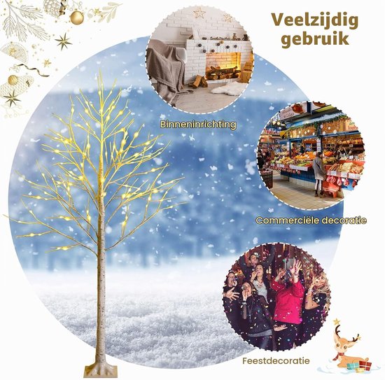 Verlichte berkenboom in een besneeuwd landschap met voorbeelden voor binnen, commercieel en feestgebruik.