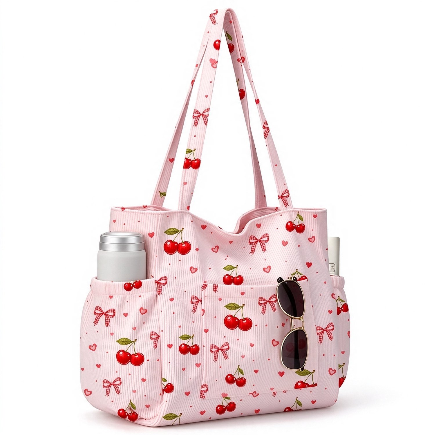 Lifhelpe Reistassen accessoires - XL Dames Strandtas - Afmetingen 38,5 x 36 cm, corduroy roze met kersen & strikjes print - Met zijvakken en rits, grote opbergcapaciteit - Geschikt voor strand en vakantie
